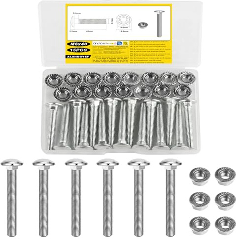 15 stycken låsskruvar M6 x 40 mm, muttrar med platt rundhuvud set, låsskruvar med sexkantiga flänsmuttrar, bärbultar, platta rundskruvar av kolstål