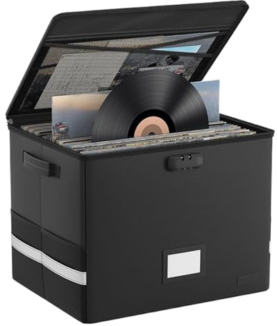 Caisse de rangement pour disques, boîte ignifuge, résistante à l'eau, peut contenir plus de 150 vinyles, parfaite pour albums, livres, appareils multimédias à la maison ou au bureau, 40,9 x 33 x