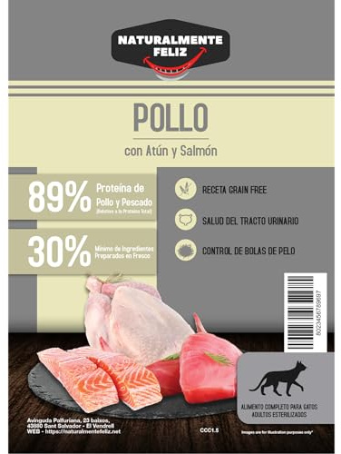 Premiumfoder för steriliserade katter – kyckling med tonfisk och lax 70 % färskt kött och fisk – kornfritt – viktkontroll och urinhälsa – 1,5 kg