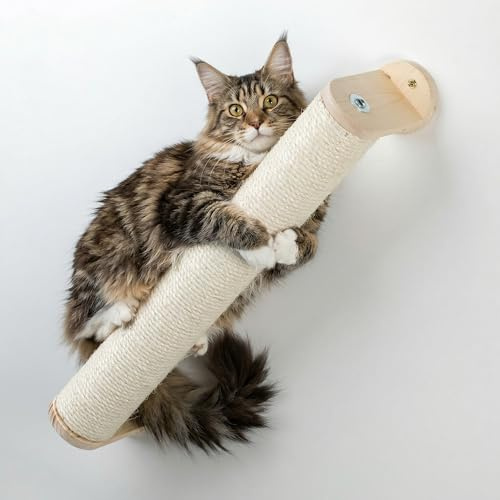 Palo Tiragraffi per Gatti in Legno d'ABETE PEFC Fatto a Mano, Colonna Tiragraffi Gatto 65cm, in Corda Naturale di Sisal, Tiragraffi da Muro Resistente Fino a 20 Kg – Percorsopergatti