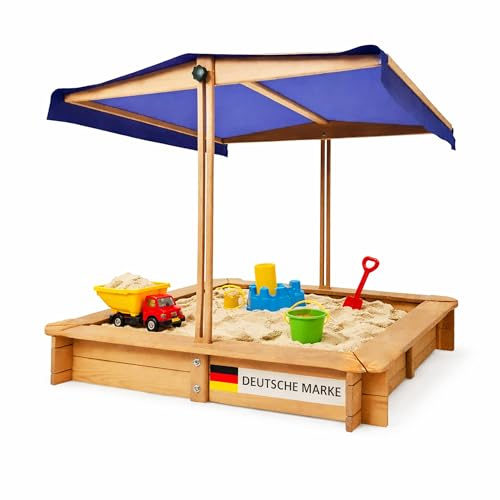 Bestlivings Sabbiera con tetto regolabile in altezza, 98 x 98 x 17 cm, in legno, resistente ai raggi UV e impermeabile, tetto abbassabile come copertura, robusta scatola per bambini