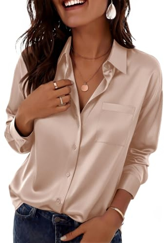Zeagoo Women's Satin Blouse Long Sleeve Button Down Shirt Casual Office Top | V Neck Shirts | Elegant Blouses | Ladies Plain Shirt | Claasic Work Tops | Party Clothings | S-2XL