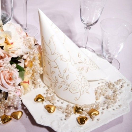 Unbekannt 50 Servietten, stoffähnlich, Airlaid 1/4-Falz 40 cm x 40 cm Hochzeit Creme Gold Tauben