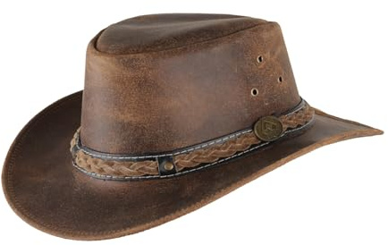 Scippis Williams Cappello Australiano di Pelle | Cow Boys Hat | Look Invecchiato | Estate/Inverno (Marrone, S/55-56cm)