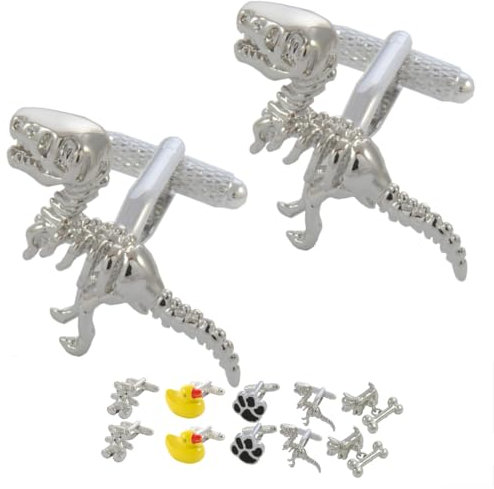 COLLAR AND CUFFS LONDON Gemelli Camicia Uomo Argento Colorato - con Scatola - Ottone - Dinosauri - Animali Storia Museo Preistorico Estinto - Un Paio