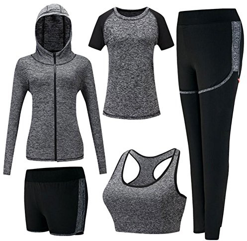ZETIY Survêtement de Fitness Femme 5 Pieces Costumes de Sport Yoga Fitness Tenue de Sport Sportswear pour Gym Jogging Athletisme - Gris - L
