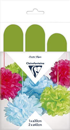 Clairefontaine 395419C Set mit 3 Pompons Seidenpapier, Ø 30cm x1 + Ø 40cm x2, ideal für Deko und Bastelprojekte, 1 Set, Apfelgrün