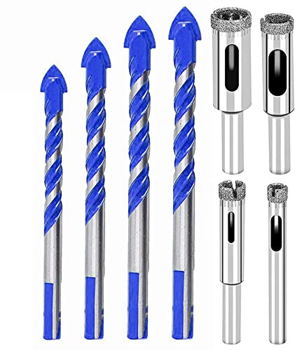 Juego de 8 brocas de azulejos, brocas de cristal, con abridor de orificios de taladro de vidrio, juego de sierra hueca para baldosas de cerámica y madera de hormigón (6 mm, 8 mm, 10 mm, 12 mm)