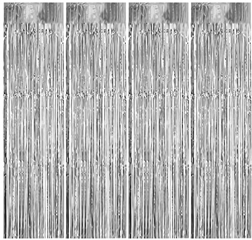 Aluminium-Vorhänge mit Fransen, 1 m x 3 m, metallisch, silber, selbstklebend, glänzende Fransen, für Dekoration, Party, Geburtstag, Ball, Hochzeit