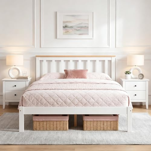 Panana Solid Pine Wood Double Bed Frame 4FT6 Wooden Bed for Adults, Kids, Teenager, White+Wood, 135 * 190cm