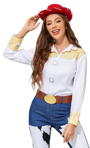 GAUWEAN Cowgirl Costume Shirt Womens Button Down Long Sleeve Casual Shirt, White, S