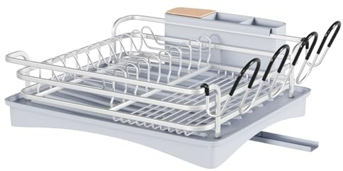 BRIAN & DANY Escurridor de Platos de Aluminio,Escurreplatoscon con Bandeja de Goteo y Desagüe Giratorio, Gris