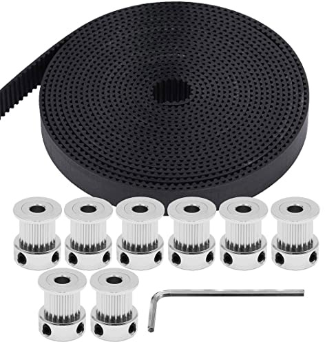 Zeelo GT2 Timing Belt 9mm Pulley, 8pcs 5mm 20 Teeth Timing Pulley Wheel and GT2 5 Meters Rubber 2mm Pitch 9mm Wide Timing Belt with Allen Wrench for 3D Printer CNC