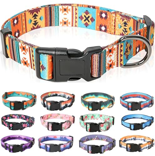 HEELE Collar para Perros con Hebilla de Liberación Rápida, Cómodos, Ajustable, Lindos Patrones, Floral Collar para Perro Pequeño Mediano Grande, Bohemian Naranja, S