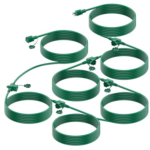 Outdoor Extension Cord Multiple Outlet, 50 Ft Christmas Light Extension Cord Evenly Spaced 6 Outlets Plugs with Safety Cover, 16/3 SJTW Green Extension Cord Outdoor Waterproof