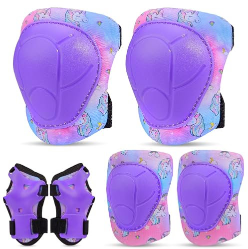 Unicorn Castle Knieschoner Kinder Schoner Set Inliner Schützer 6 in 1 Schutzausrüstung Kinder Ellenbogenschoner Handgelenkschoner Protektoren für 3-8 Jahre,Blue Purple