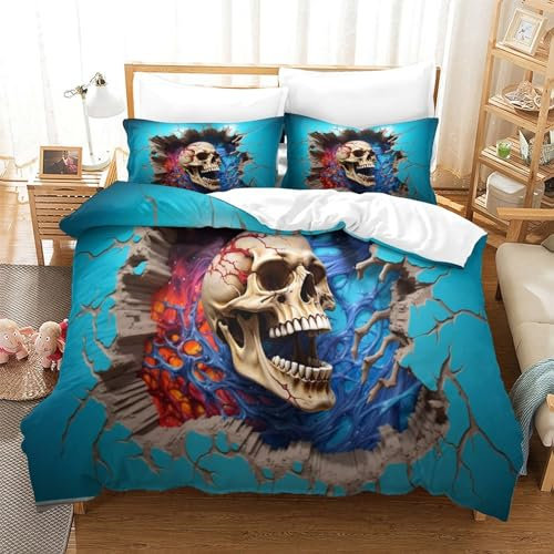 3D-Skelett Bed Linen Mikrofaser 3-Piece Pillowcase 50*75cm Wiht Zip Bed Linen Set Hypoallergener Bettbezug Realistischer Totenkopf Duvet Cover Set Kids Teens Adults All-Season Superkönig（260x220cm）