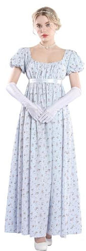 FCCAM Vestido de mujer Regency Jane Austen largo vintage vestido victoriano de baile con guantes vestido de cintura imperio