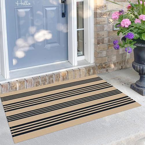 KILOCOCO Striped Rug 2.3'x3.6' Indoor Outdoor Rugs Front Door Mat Hand Woven Cotton Washable Striped Layered Doormats for Front Door/Kitchen/Farmhouse/Entryway/Patio, Brown