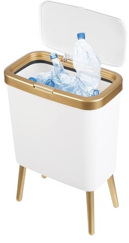 Susoso 15L Abfalleimer, Mülleimer mit Erhöhte Beine Abfallbehälter Gut abdichtendes Design Familienfreundlichkeit für Küchen 33.2x19.6x48.5cm Weiß, Gold
