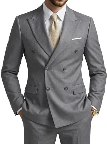 FancyFir Men's Slim Fit 2-Piece Suit with Stretch Fabric, Double-Breasted Blazer Pants for Party, Business and Wedding Light Grey