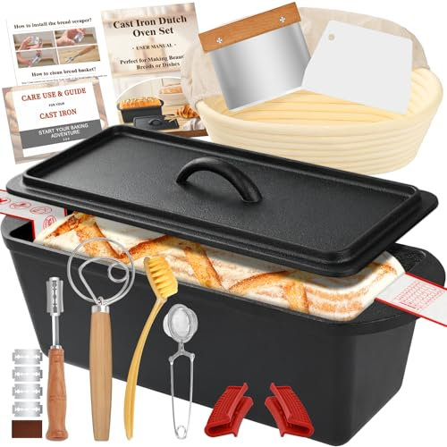 NZQXJXZ 35cm Brotbackform mit Deckel, Gusseisen Topf Dutch Oven Gusseisenpfanne für Brot Backen, Banneton Brot Gärkorb Sauerteig Brotbacken Zubehör für Laib Form, Toast Brotbackform Eckig
