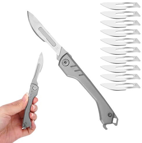 Couteau de Poche Pliant, Couteau à Main Scalpel Petit, Poche Porte-Clés Couteaus, Petit Couteaus de Poches avec 10 Lames Interchangeables, pour la Chasse en Plein Air, le Camping, la PêChe, Randonnée