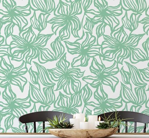 S4Sassy Papel Tapiz De Vinilo Para Pared, Papel Tapiz Texturizado Con Estampado Floral De Líneas, Removible, Contemporáneo, Verde, Para Paredes, Armarios Y Cómodas, Resistente Al Agua,63,5 X 304 Cm