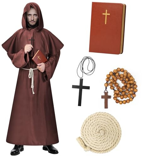Lozzzyo Ensemble Deguisement Halloween Moine Adulte - Deguisement Halloween Homme avec Moine Cahier, Chapelet et Collier - Costume Halloween Homme Thème Médiéval (L)