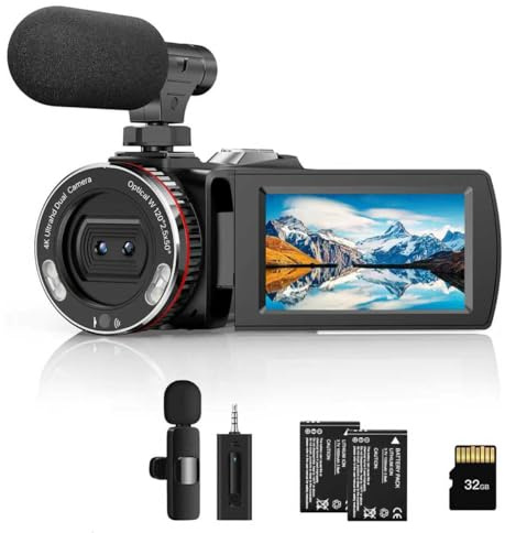 Weochi Cámara de vídeo, videocámara 4K, 64MP 30FPS cámara de doble lente con micrófono inalámbrico para vlogging YouTube, pantalla Ultra HD de 3 pulgadas, zoom digital 21X, cámara grabadora de video
