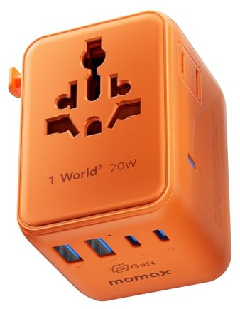 MOMAX Mini 7-in-1 Universal Travel Adapter, GaN 70W Dual AC, 3 USB-C PD & 2 USB-A QC, International Power Charger for 200+ Countries – Compact Travel Adapter for Laptop, Phone, UK/AUS/EU/JP Plug