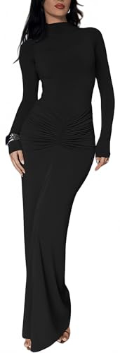 Sukiglam Vestito Donna Elegante Maniche Lunghe Maxi Abito Aderente con Scollo Alto Sexy Vestiti Lungo a Pieghe Abiti da Sera Cerimonia Festa Cocktail Matrimoni Autunno Inverno Casual Bodycon Tubino