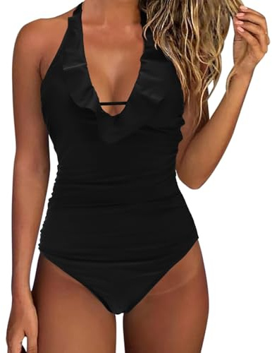 Traje de baño para mujer, con cuello en V, sexy, con forma curva, bañador deportivo para adelgazar, con acolchado, sin aros, Negro , L