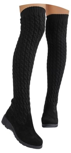 Bottes hautes pour femme - Bottes larges en tricot - Avec talon compensé épais - Stretch - Bout rond - Tendance - Pour l'hiver - Décontractées et confortables, Noir , 41 EU