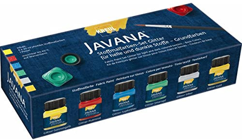 KREUL 92250 - Javana Stoffmalfarbe für helle und dunkle Stoffe, Grundfarbenset, brillante Farbe mit Glitzereffekt, pastoser Charakter, nach Fixierung waschbeständig, 6 x 20 ml Farbe und ein Pinsel