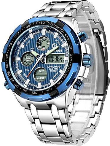 GOLDEN HOUR Luxe Acier Inoxydable Analogique Numérique Montres pour Hommes Hommes Sport De Plein Air Étanche Gros Bracelet Bleu argenté
