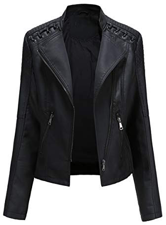YYNUDA Lederjacke Damen Kurz Bikerjacke Reverskragen Motoradjacke Leder Jacke Übergangsjacke für Frühling Herbst（Schwarz M）