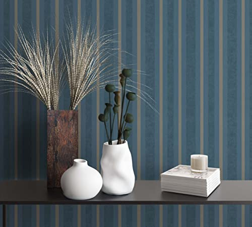 marburg Carta da parati righe azzurre in tessuto non tessuto, per camera da letto, soggiorno o cucina, Made in Germany, 10,05 x 0,53 m