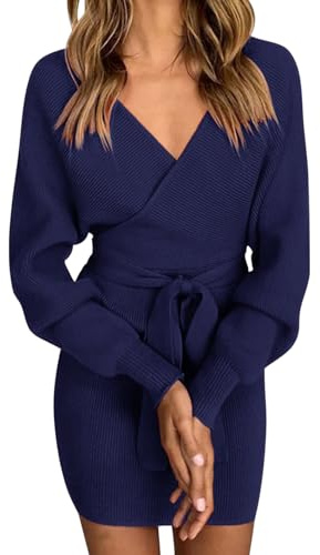 Vancavoo Stickad klänning dam tröjklänning V-ringad elegant långärmad tröja vinterklänning stickad tröja klänning bodycon miniklänning rygglös tunika klänning med bälte för höst vinter, Marinblå, M