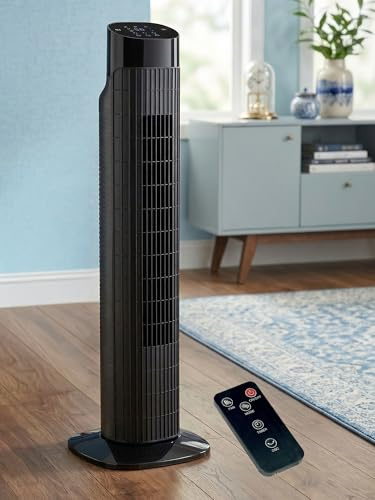 Uthfy 31 Inch Tower Fan for Bedroom, 120° Oscillating Quiet Standing Bladeless Fan With Remote, 7.5H Timer, 3 Speeds, 3 Modes, for Room, Dorm, Office, Matte Black