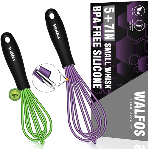Walfos Mini Silicone Whisk, 5-7Inch, Heat Resistant (480F), Purple & Green