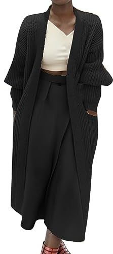 Chaqueta de punto larga cálida para mujer con bolsillo, manga larga, ligera, elegante y cómoda, suéter de punto para otoño e invierno, Negro , M