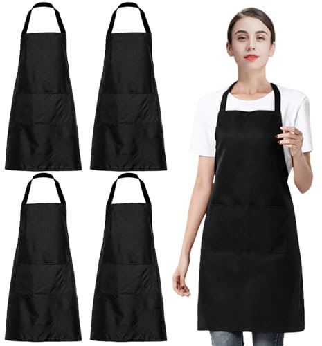 EUPSIIU 4 Pcs Kitchen Apron, Adjustable Bib Chef Aprons with 2 Pockets Cooking Apron Unisex Women Men Aprons for Home Kitchen, Restaurant, Coffee House, Baking Gardening BBQ, Painting, 60*70cm (Black)