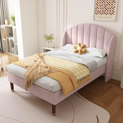 KOMHTOM Lit Double Rembourré avec Tête de Lit Cadre de Lit Sommier à Lattes en Bois, pour Adultes et Adolescents, Velours(sans Matelas) (Rose, 90x200cm)