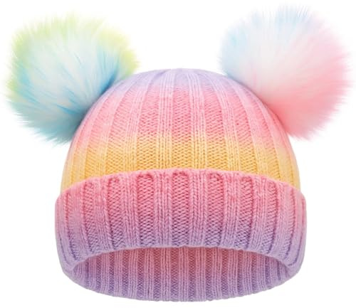 Winter Hat for Kids Children, Boys Girls Beanie with Double Pom Pom, Girls Warm Knit Beanies Cap for 7-12 Years Multi-Color