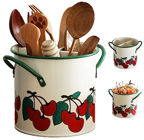 Porte-ustensiles de cuisine caddie ustensile peint en cerisier vintage avec diviseur détachable 4 compartiments organisateur d'ustensiles en fer avec trou de vidange pour accessoires de cuisine, acce
