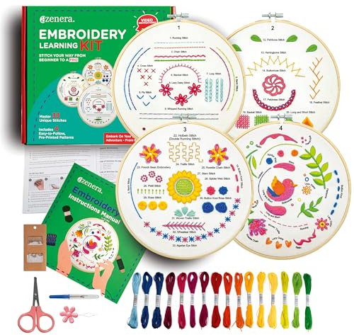 Azenera Stickerei Set für Anfänger – Komplettset mit Videoanleitung, 4 Musterstoffen, Fäden, Bambusreifen & Werkzeug – Sticken Lernen leicht gemacht (AZA100)