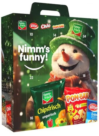 FunnyFrisch Adventskalender 2024, WERT 100€, Chips Advent Kalender, Knabberspaß, Snack Highlights von Funny Frisch, Ültje, Chio und Pom Bär