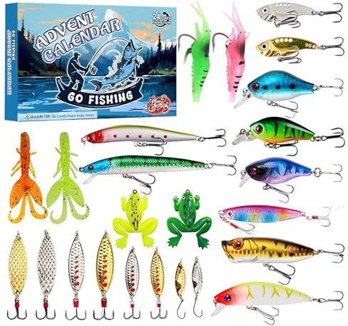Nuyhadds Adventskalender för fiskeutrustning, adventskalender för fiske 2024, julkrok adventskalender | 24 dagars fiskedrag set, kalender