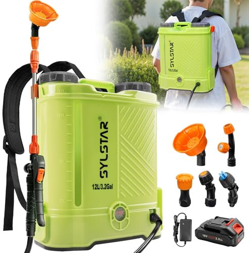 SYLSTAR Drucksprüher 12L, 5.5Bar Stärker Drucksprüher Akku Kompatibel mit Makita 18V Batterien,5 Düsen Elektrischer Pflanzensprüher Einstellbare Sprühstärke（Ladegerät enthalten）